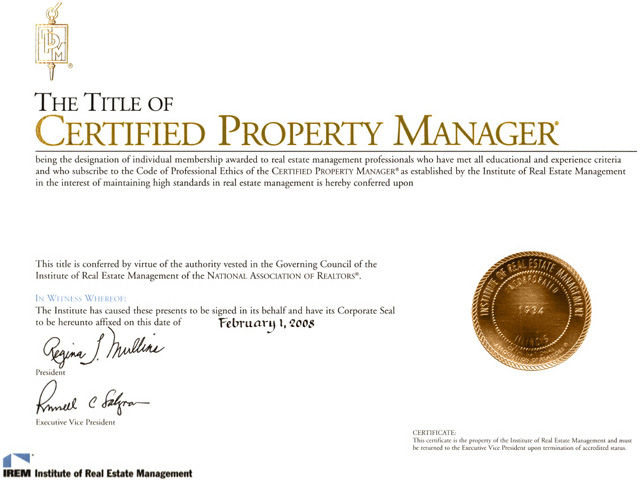 Диплом, подтверждающий звание Certified Property Manager ®